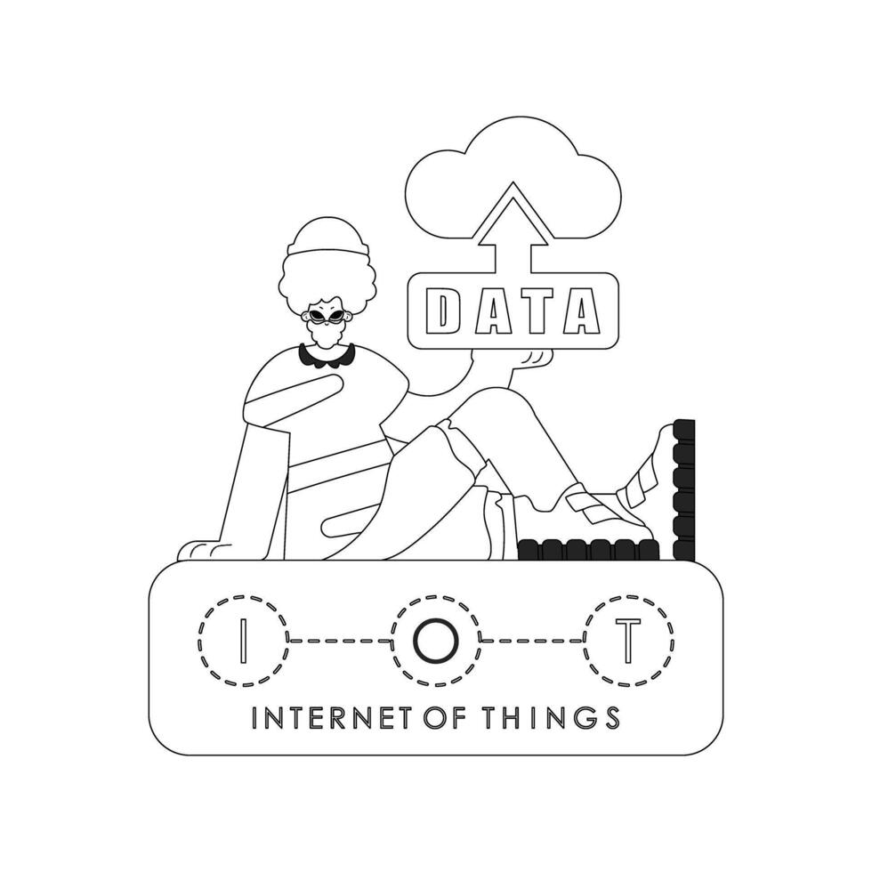 Man grasping cloud storage symbol for the Internet of Things in linear design vector