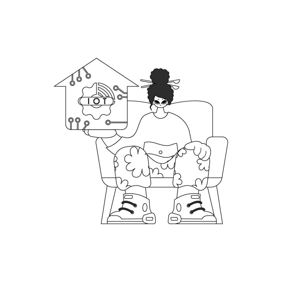 Girl holds IoT logo in linear design vector