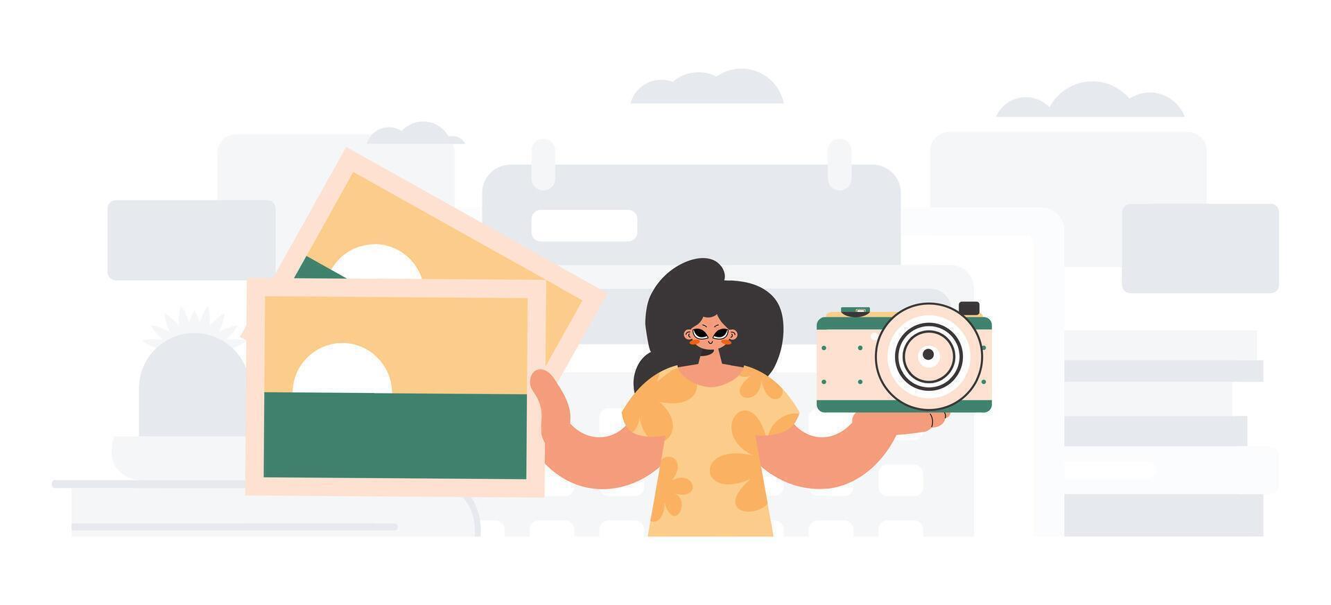 Illustration of a woman holding a camera and a book vector