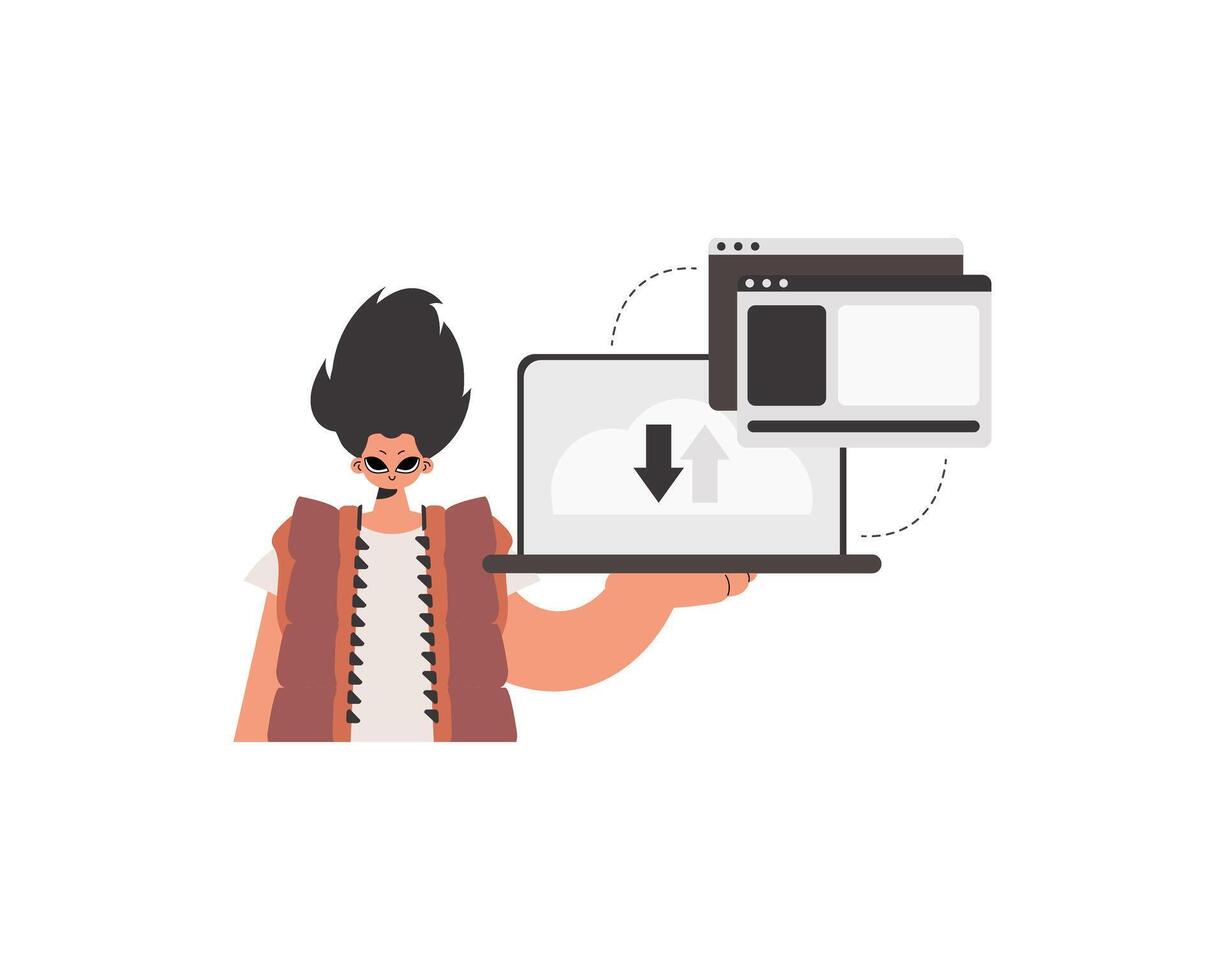 A man holding a laptop with a file icon on it vector
