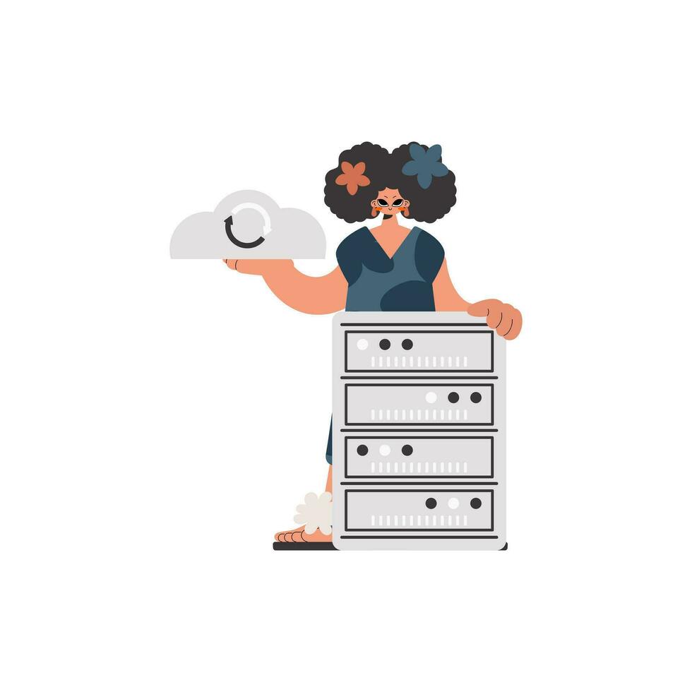The energized lady is holding a information cloud and a server. Limited. Trendy style, Vector Illustration