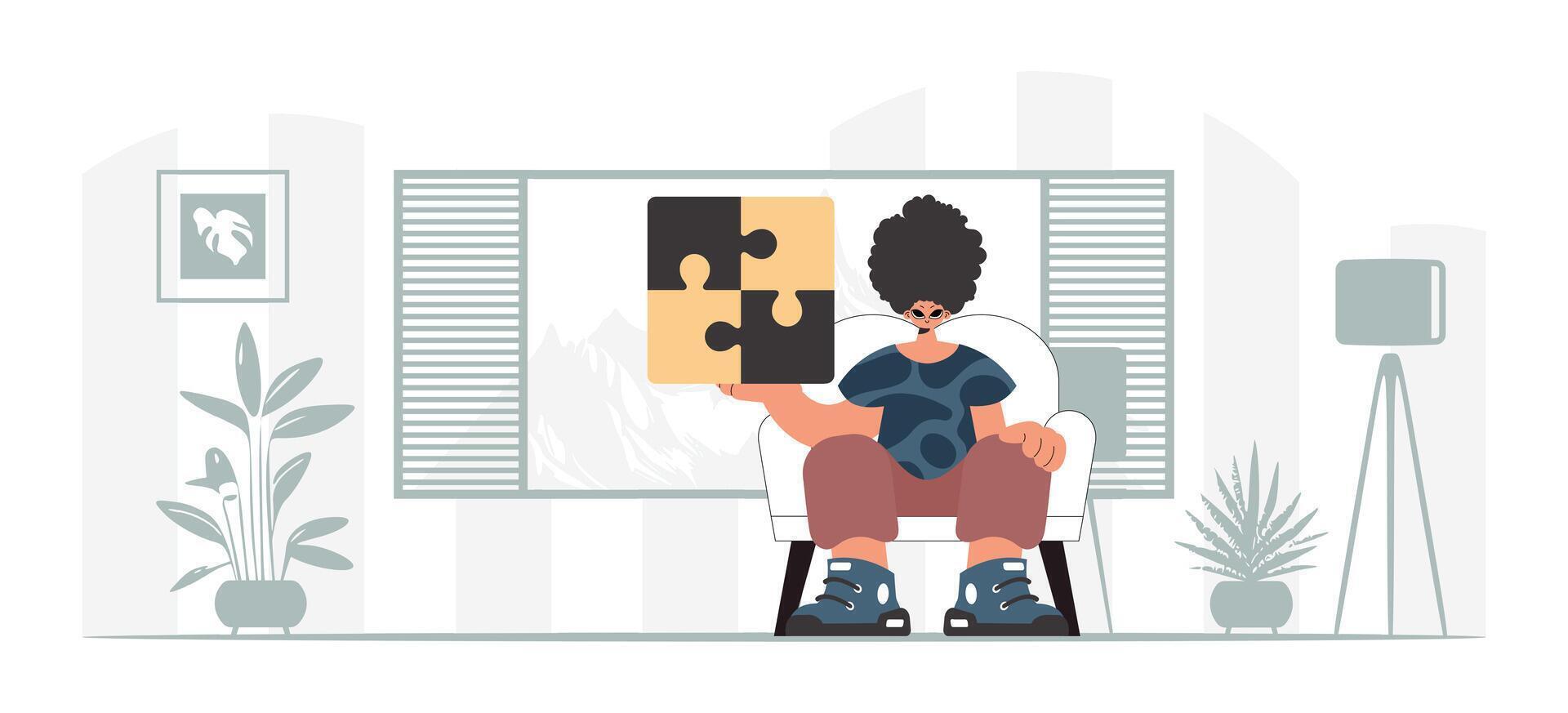 A woman is sitting in front of a puzzle piece vector
