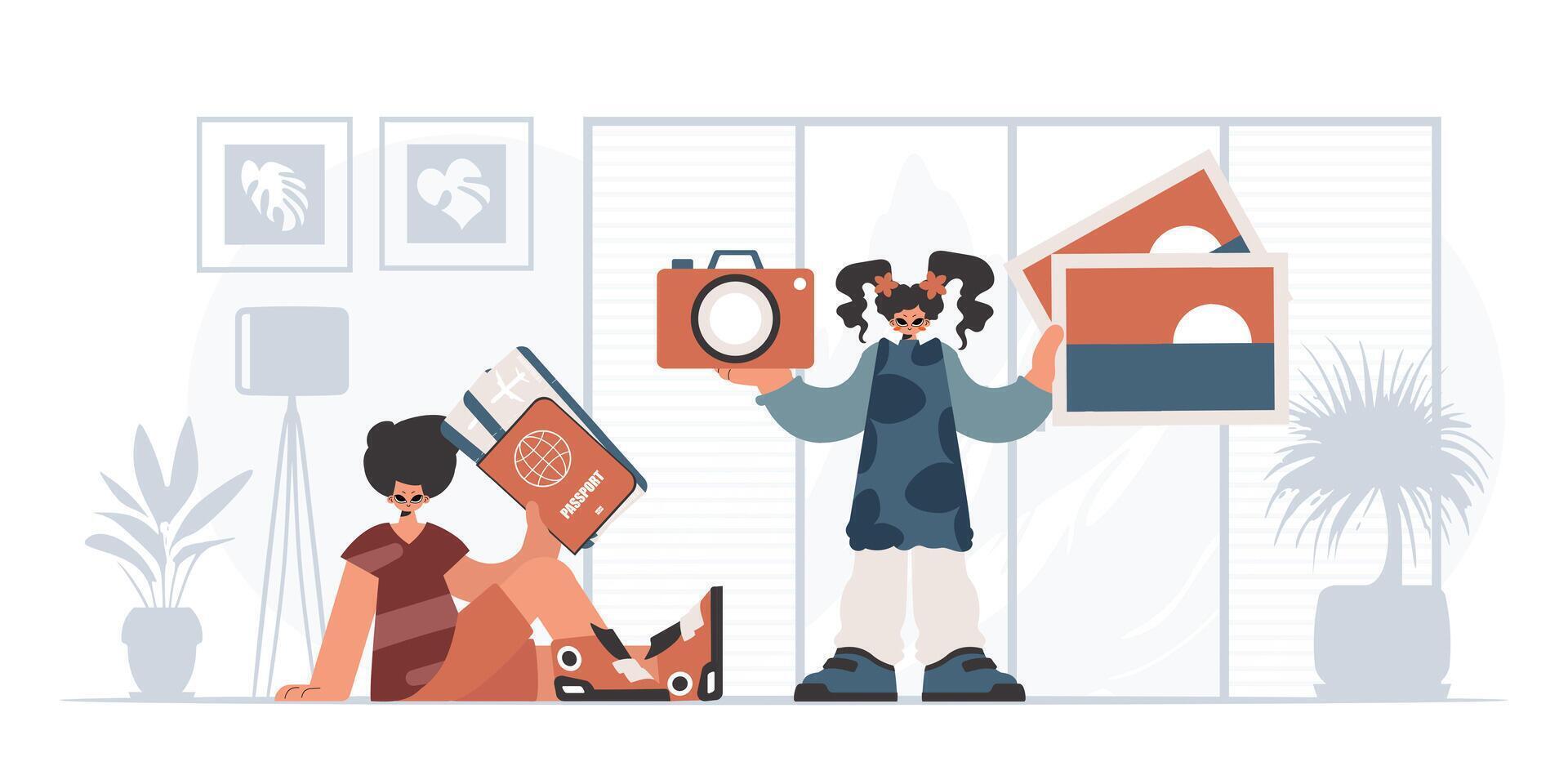 A woman is holding a picture frame and a man is sitting next to it vector