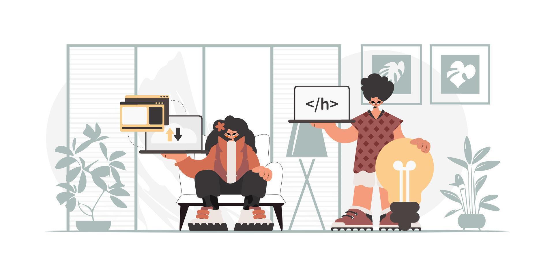 Two people are sitting in front of a computer vector