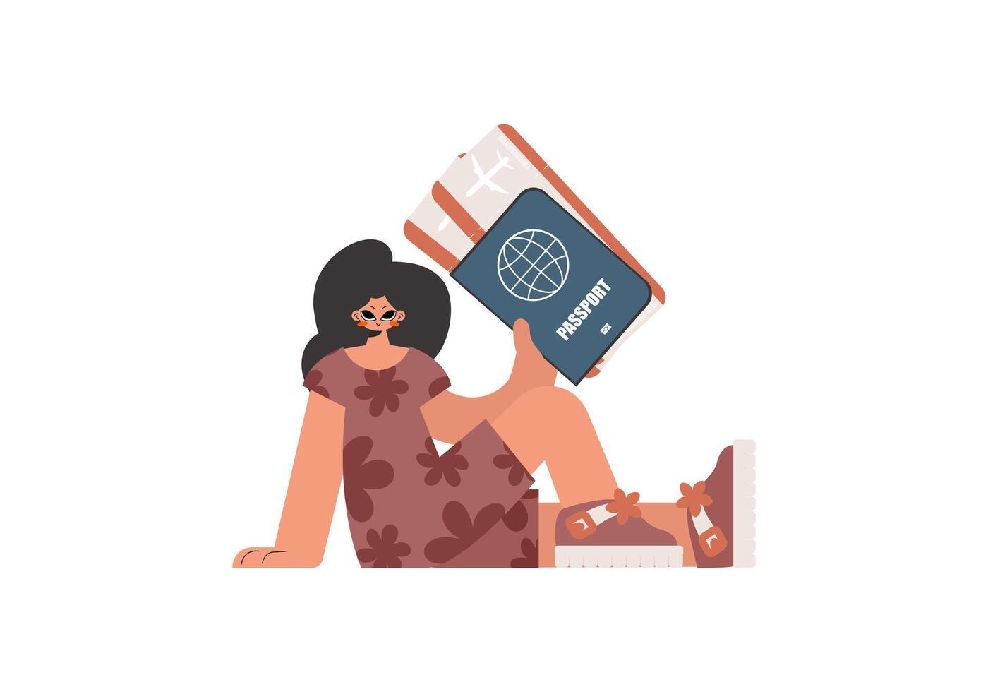 The energized lady holds a visa and trade for the preeminent passed on tickets in his hands. Kept on white foundation. Trendy style, Vector Illustration