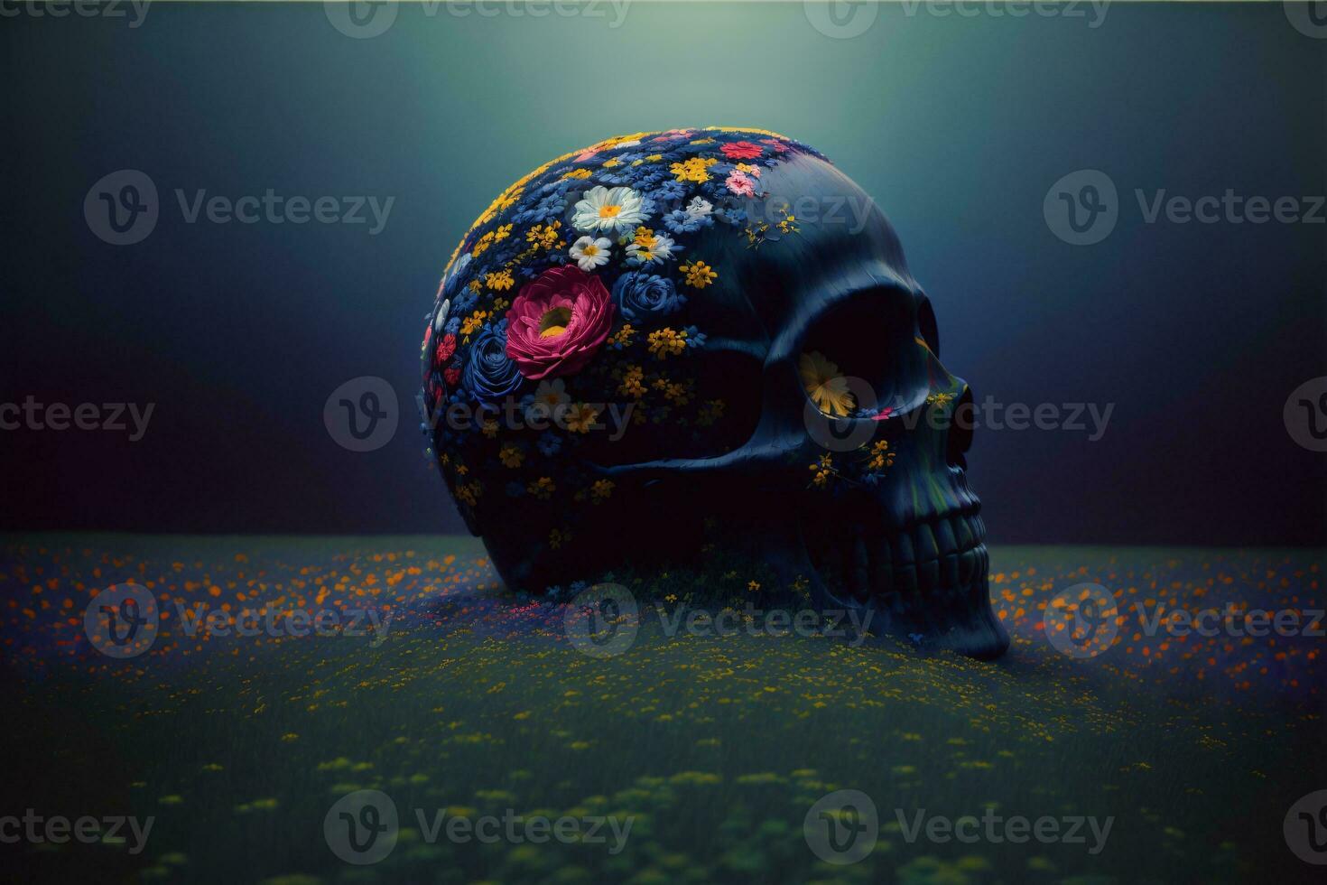 un cráneo sentado en un campo de flores ai generado foto