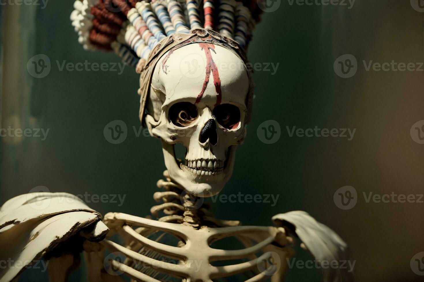 un esqueleto con un tocado en sus cabeza. ai generado foto