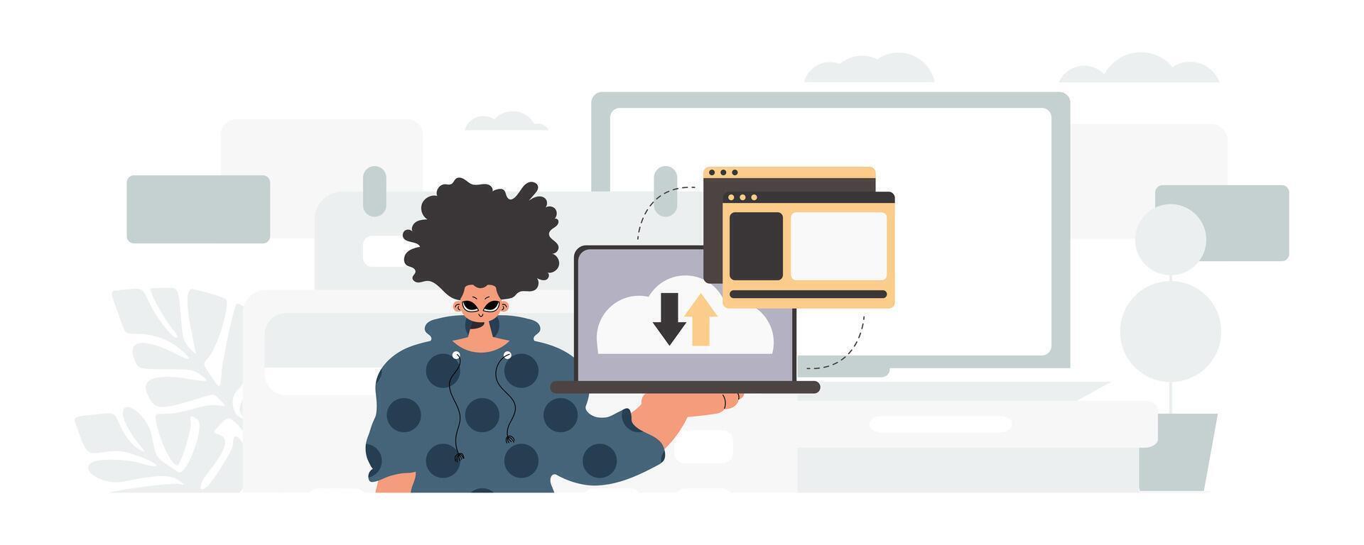 A person holding a laptop with a computer screen on it vector