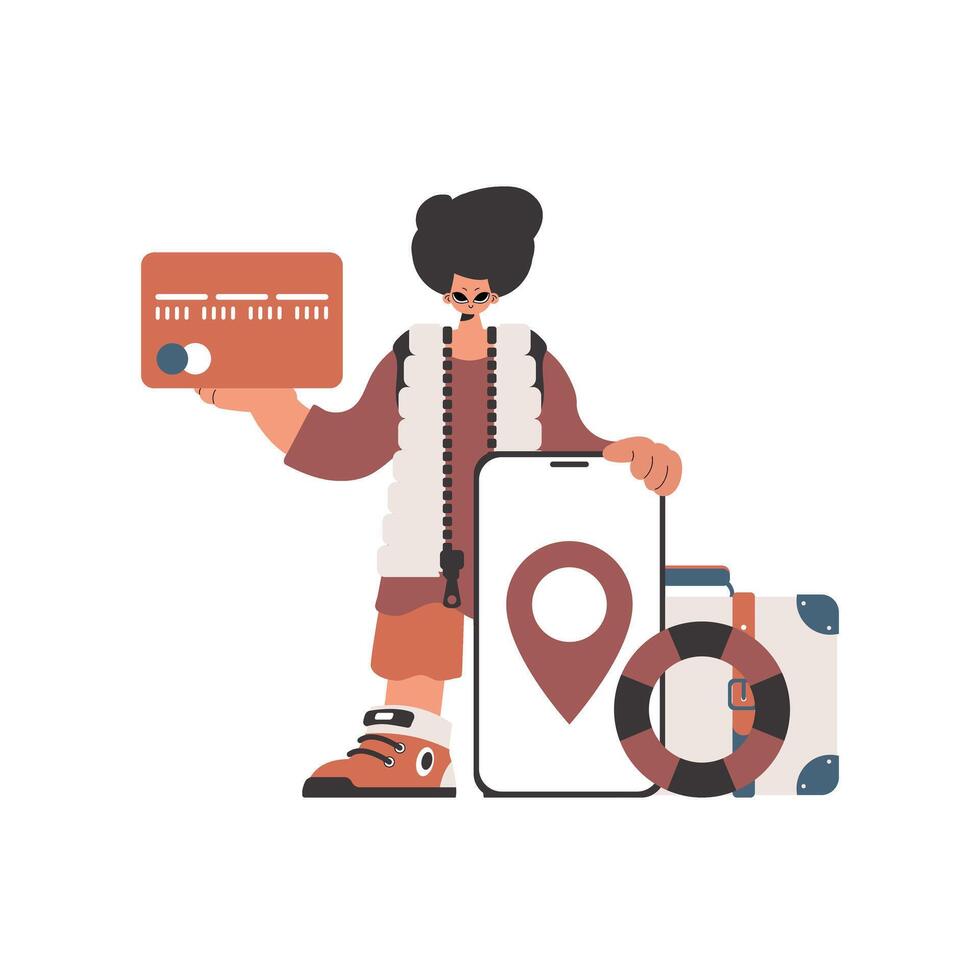 The person is holding a bank card and a phone with a zone. Obliged on white foundation. Trendy style, Vector Illustration
