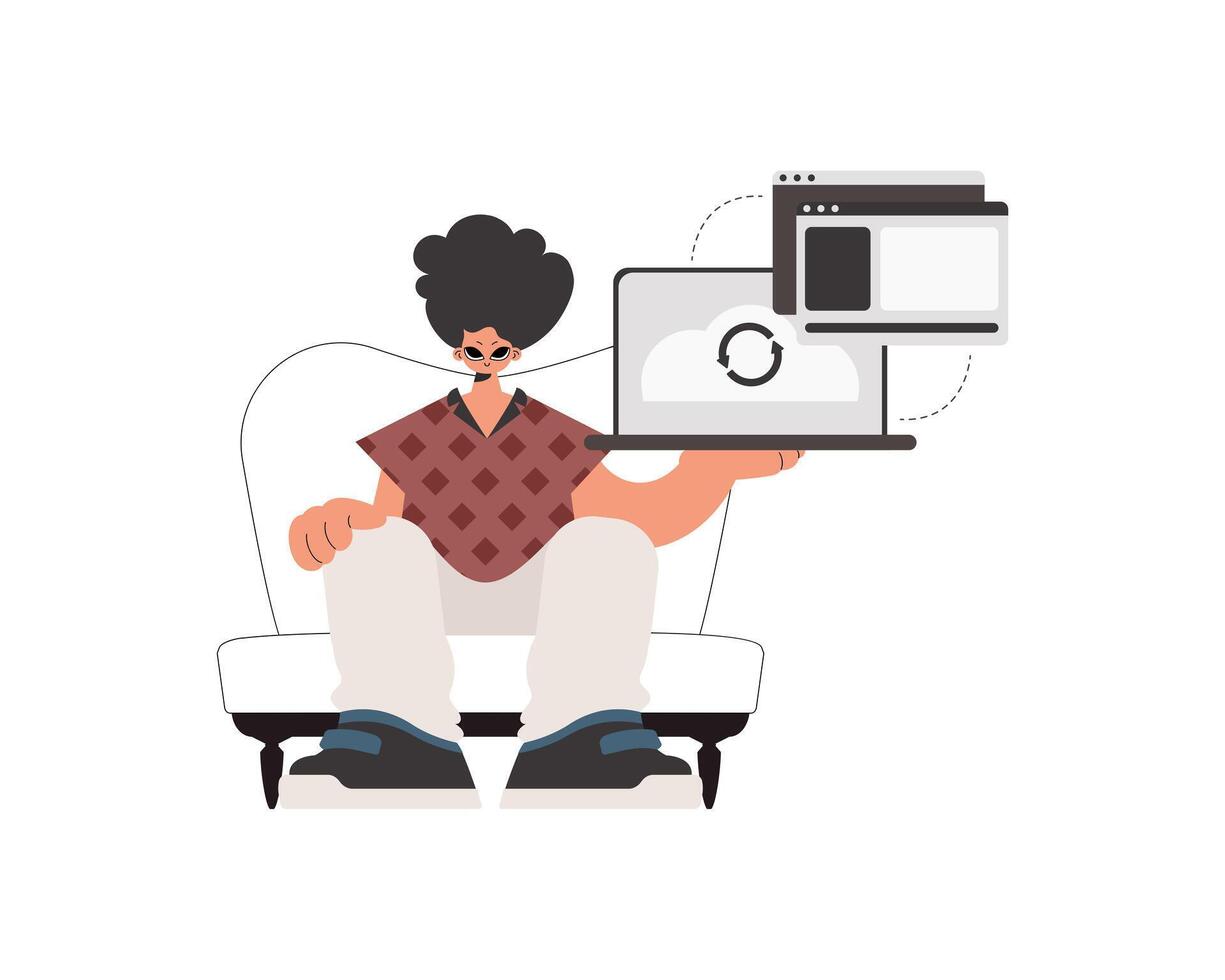 The individual is holding a tablet in which data is being synchronized. Compelled. Trendy style, Vector Illustration