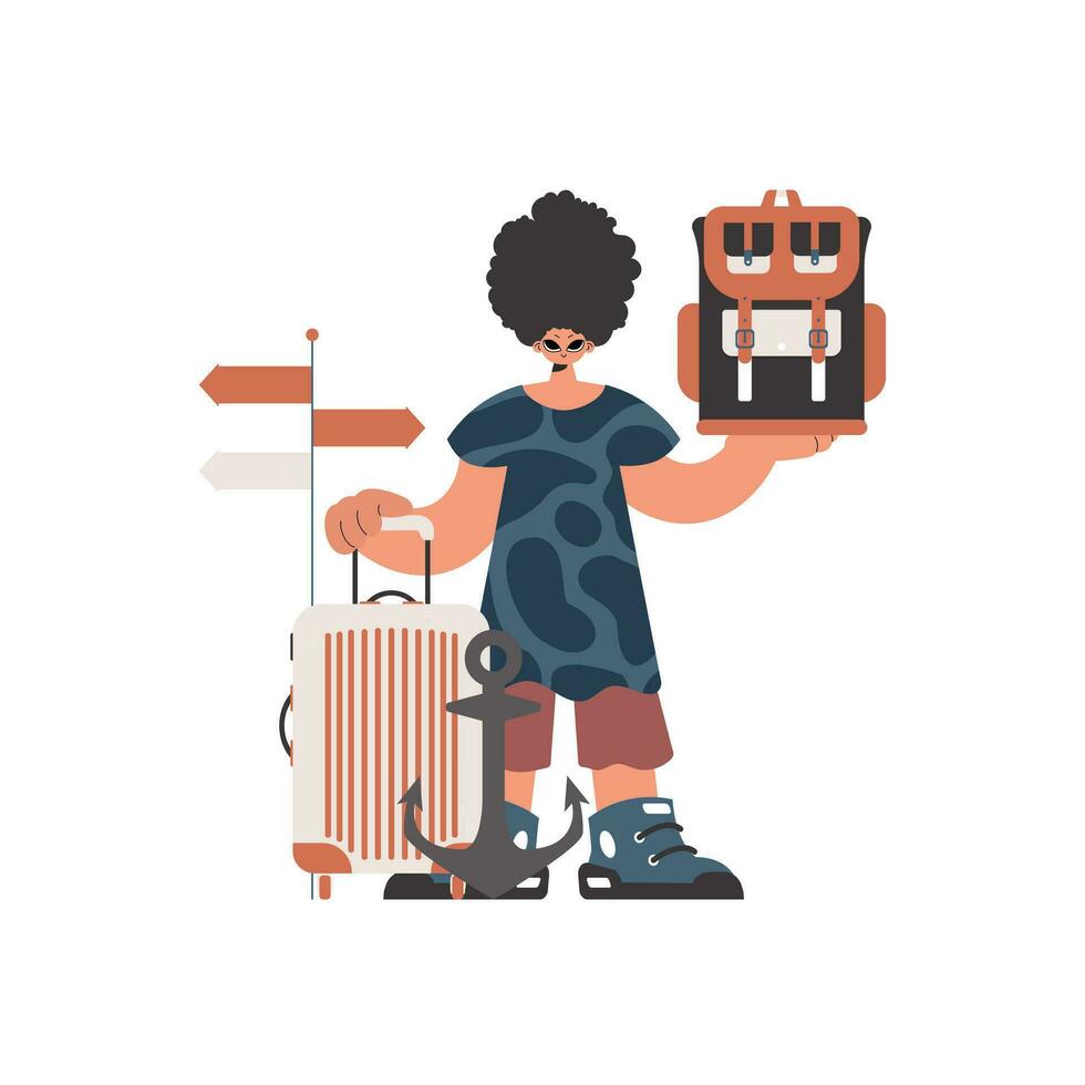 The fellow is holding a travel rucksack and a bag. Separated on white foundation. Trendy style, Vector Illustration