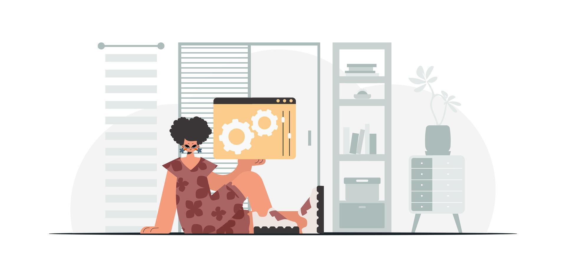 The energetic lady is holding a browser window with gears. SEO and web analyzing point. Trendy style, Vector Illustration