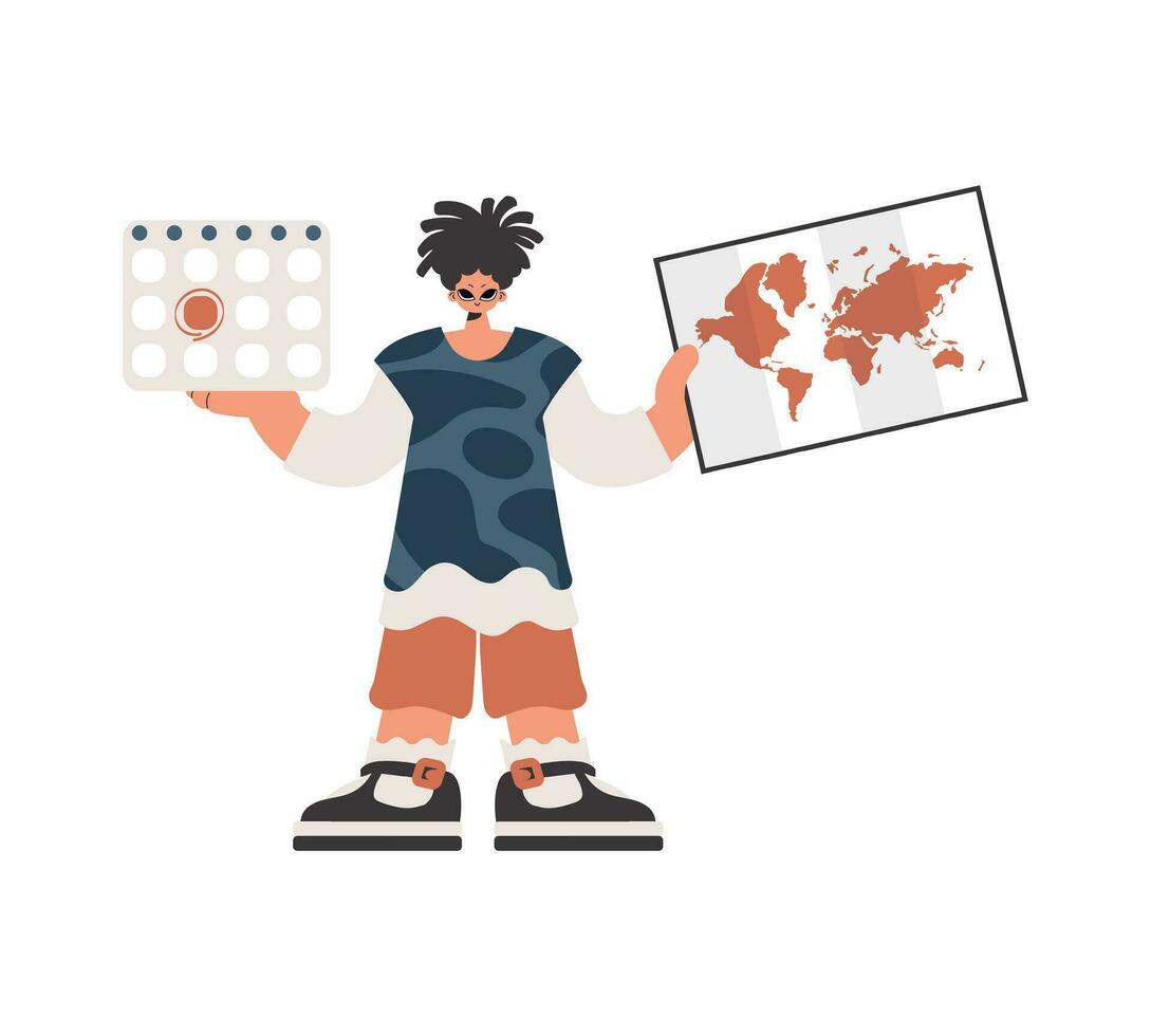 The person holds a calendar and a chart of the world in his hands. Compelled on white foundation. Trendy style, Vector Illustration
