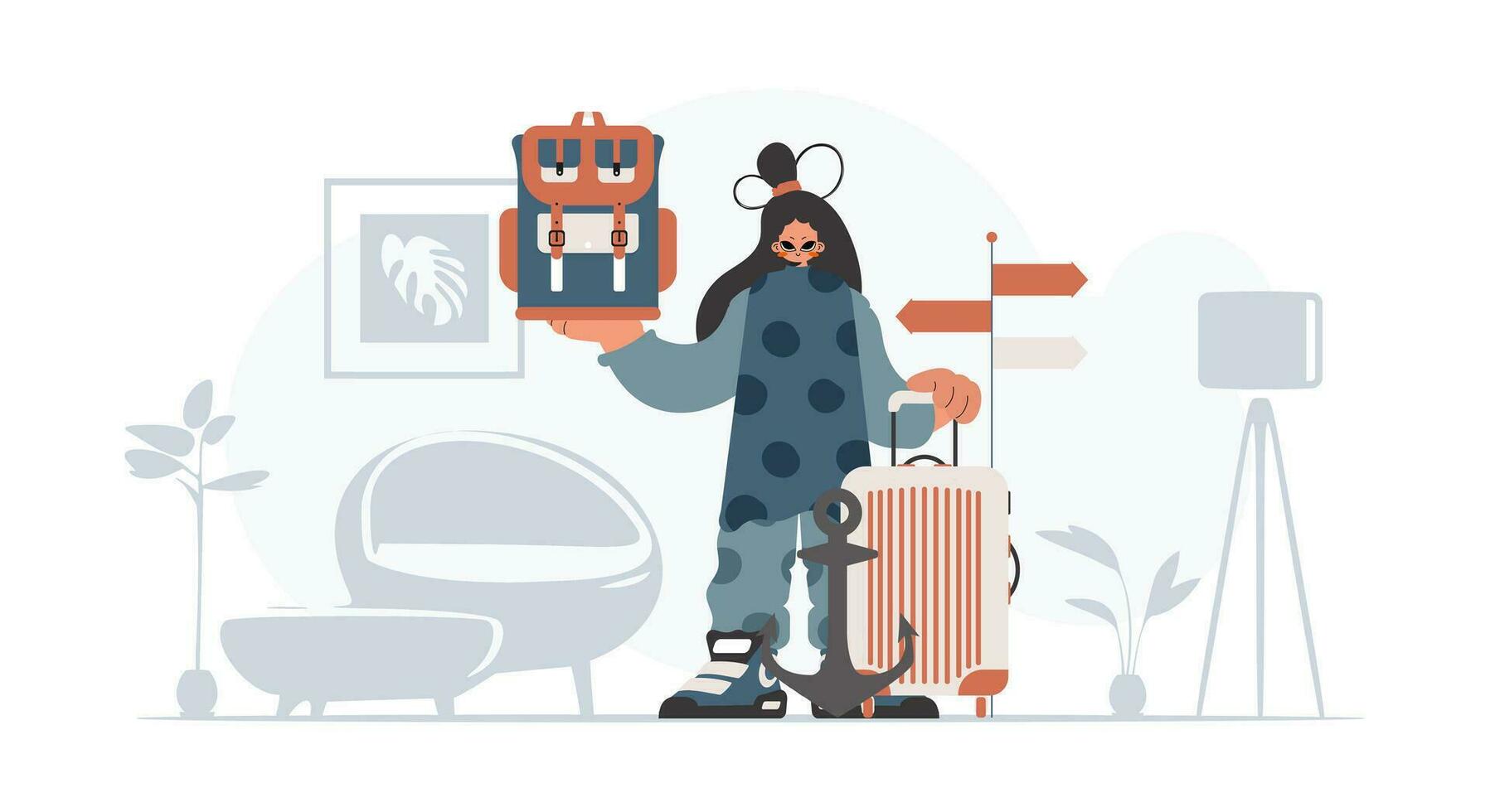 el entusiasta mujer es participación un viaje mochila y un saquear. el concepto de descanso y viajar. de moda estilo, vector ilustración