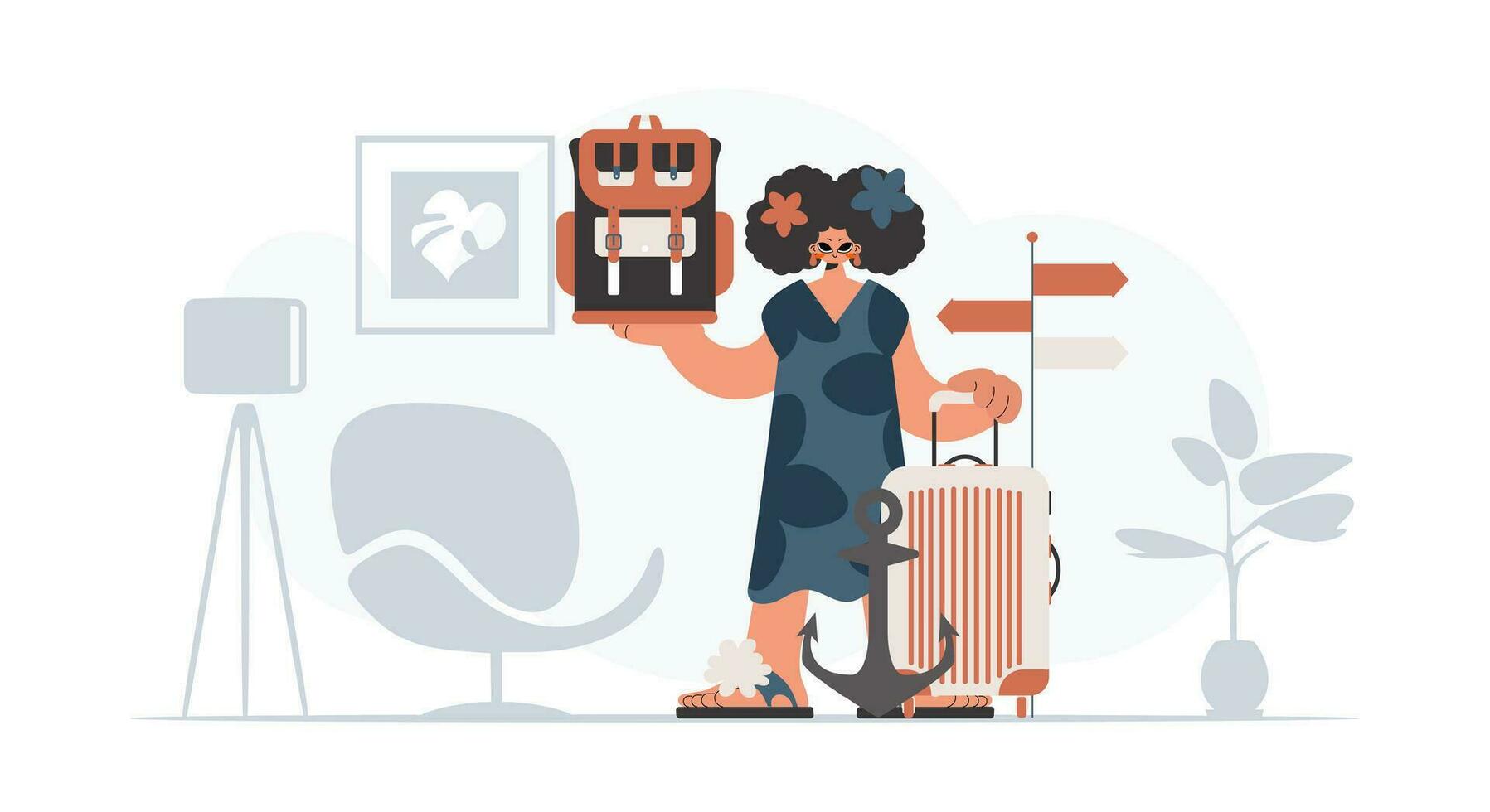 The eager lady is holding a travel rucksack and a loot. The concept of rest and travel. Trendy style, Vector Illustration