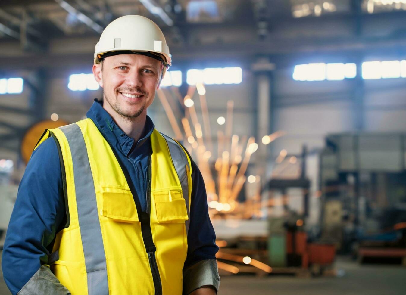 Portrait Heavy Industry Engineer Male Worker Wearing Safety Vest and Hardhat Smiling on Camera. In the Background Unfocused Large Industrial Factory.AI-Generated. photo