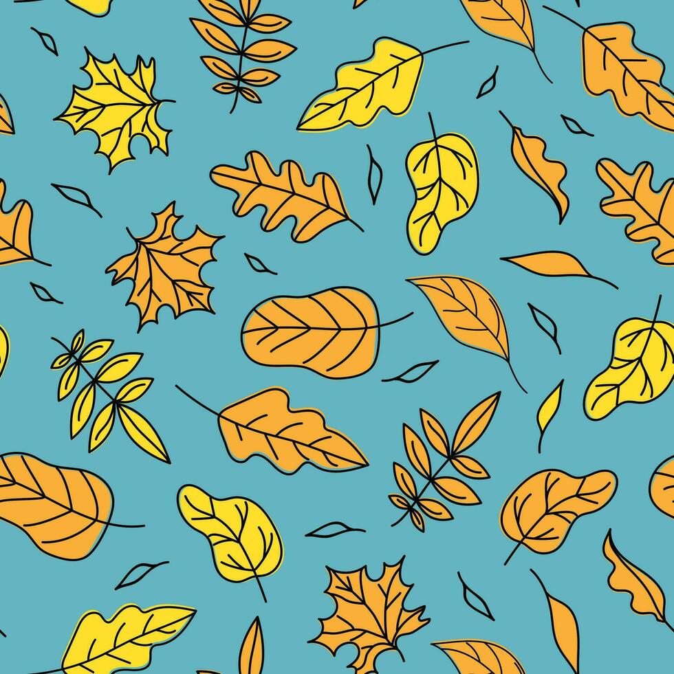 Autumn Leaves Set pattern, background with leaves. Leaves flying. Doodle style drawings. Color vector illustration. White isolated background.