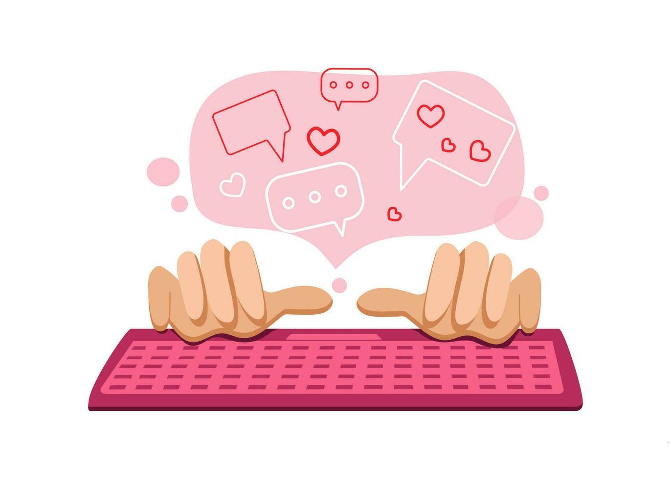 Hands with a keyboard. Hands, correspondence in messengers. Heart shape. online chat. Flat design, vector on isolated background.