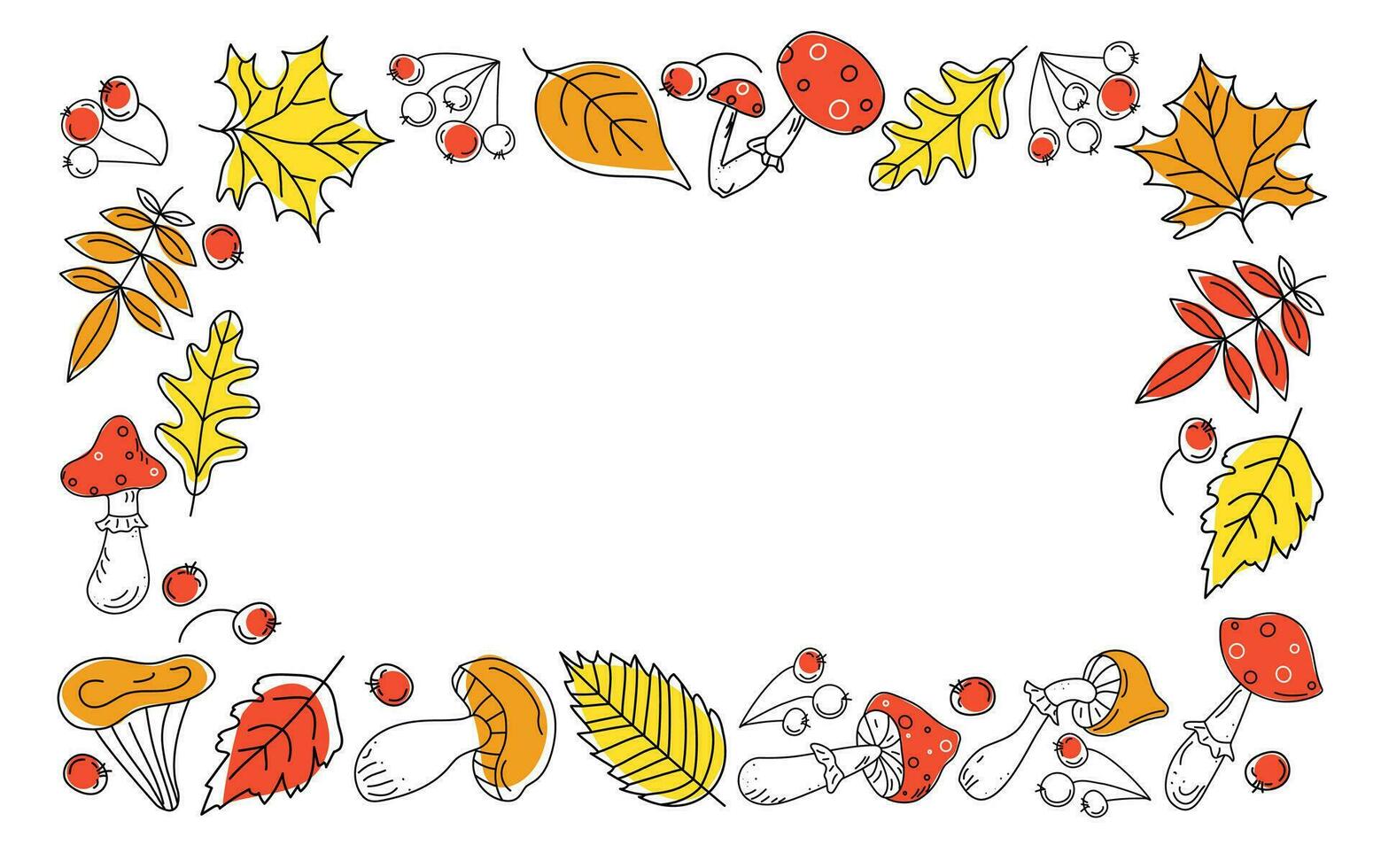 Autumn frame, border leaves, mushrooms and berries. Fly agaric, rowan branch, maple leaf, doodle, drawings, sketch. Black and white vector illustration on color spots. Background white isolated.