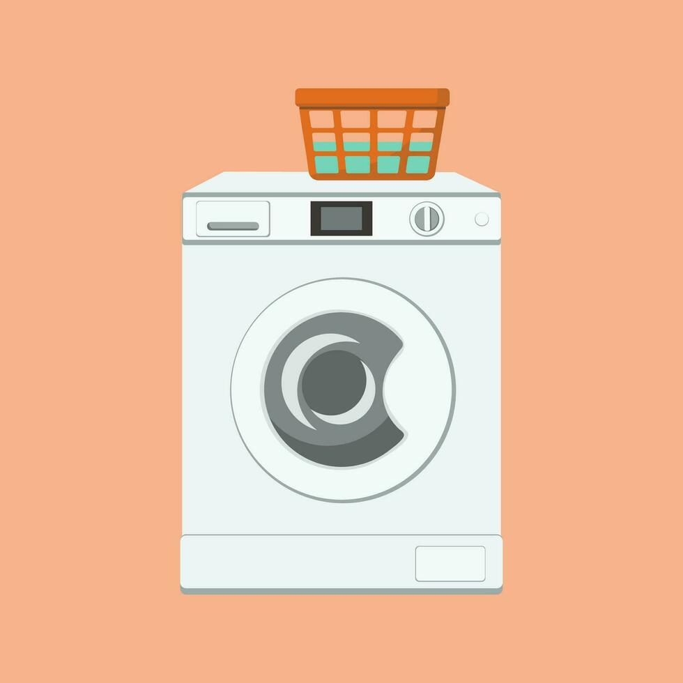 Washing machine. Home life. Basket with laundry. Household appliances, electronics. House. Vector illustration, background isolated.
