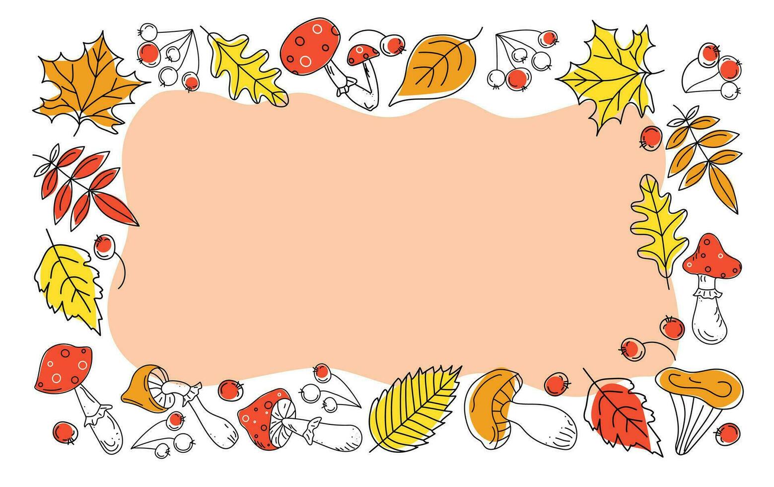 Autumn frame, border leaves, mushrooms and berries. Fly agaric, rowan branch, maple leaf, doodle, drawings, sketch. Vector illustration on color spots. Background white isolated.