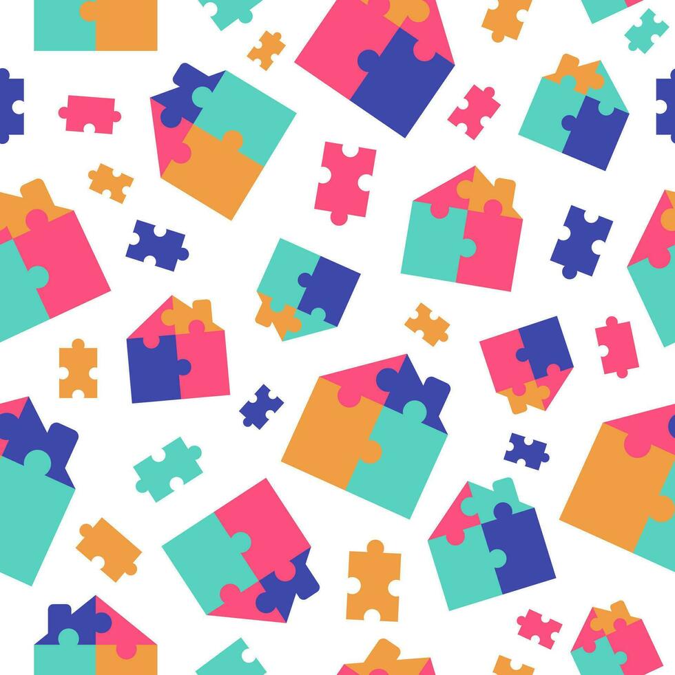Puzzle city pattern. Buildings, architecture. Construction. Multi-colored pieces of the groove. Graphic vector. The background is seamless. vector