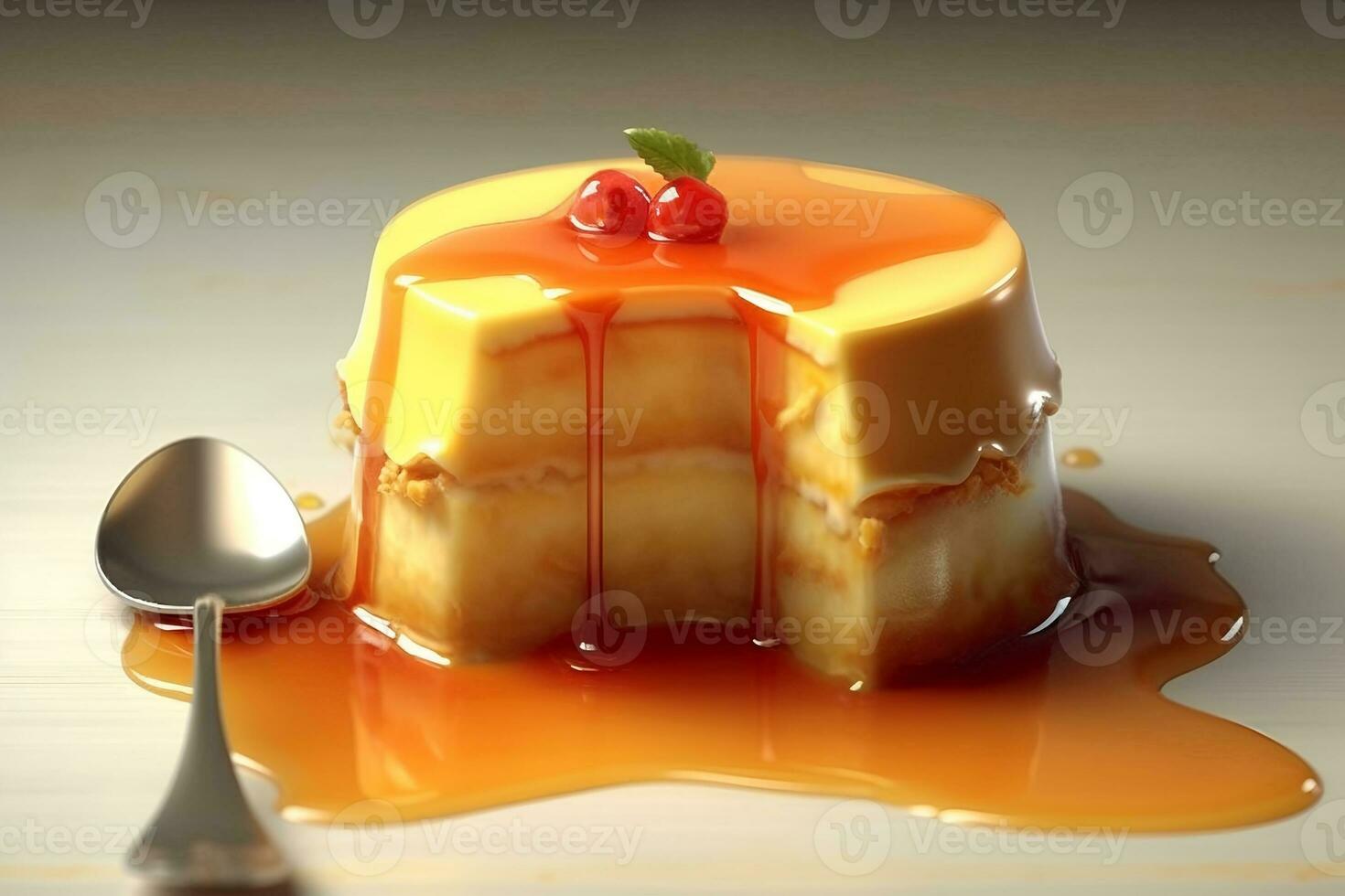 Custard pudding with caramel syrup. French Patisserie. AI generative photo