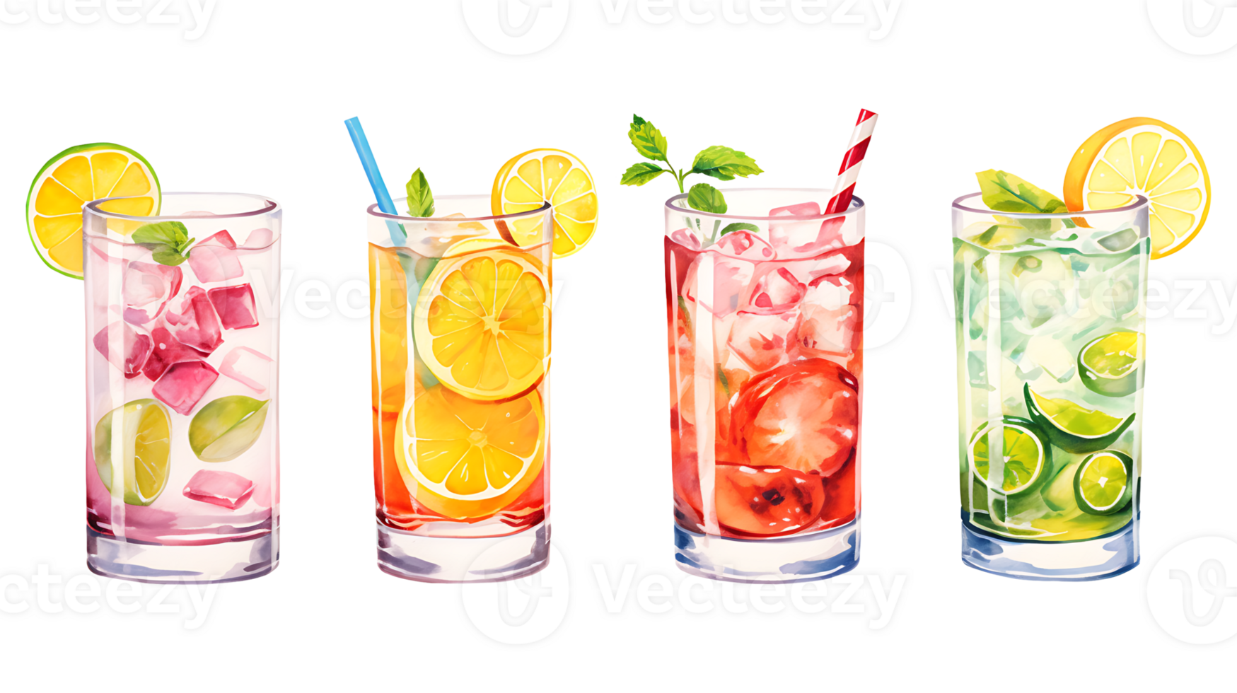 Watercolor summer drinks clipart set on transparent background ai generated png
