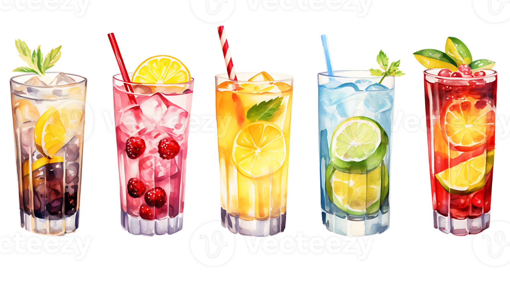 Watercolor summer drinks clipart set on transparent background ai generated png