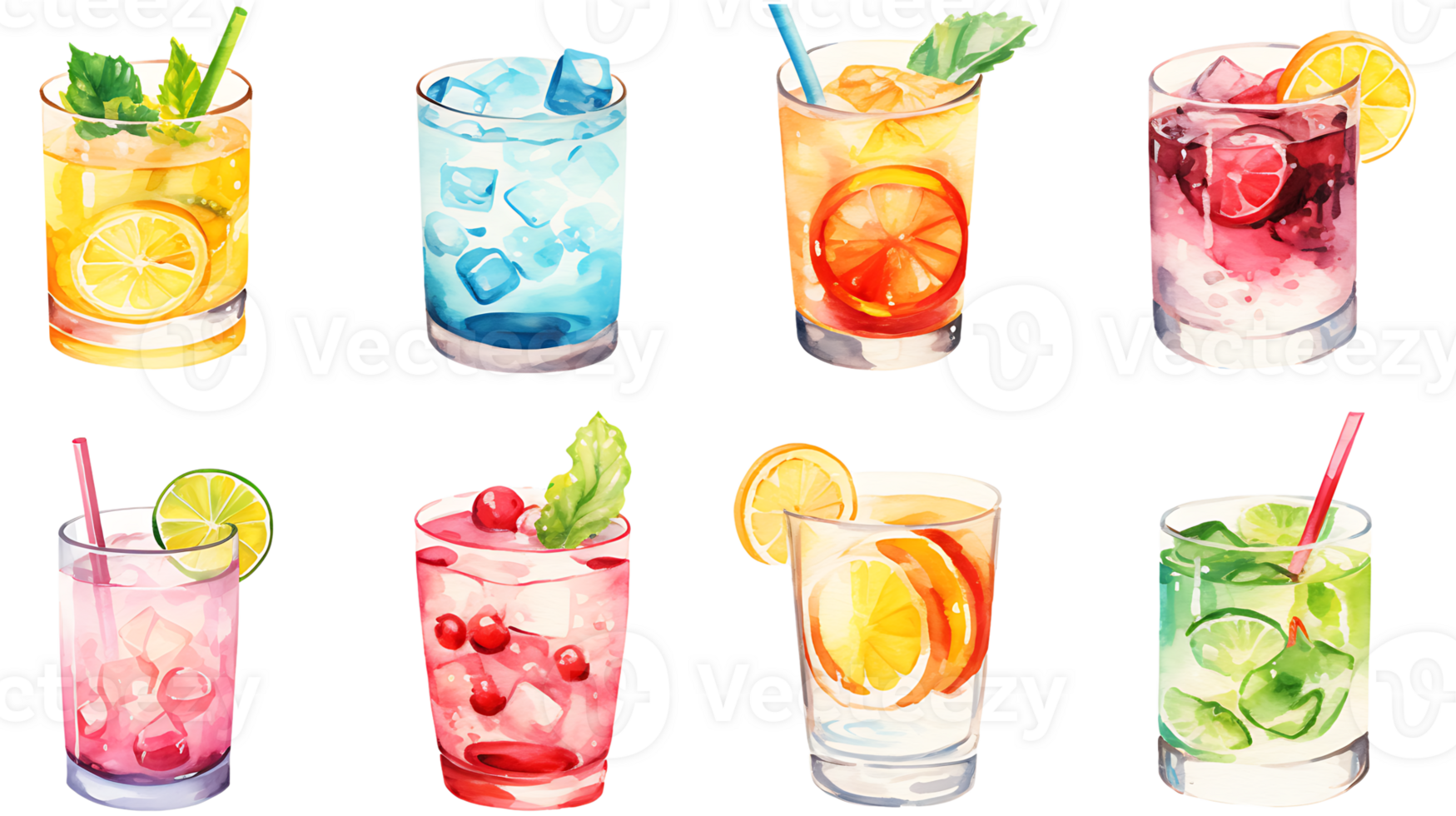 Watercolor summer drinks clipart set on transparent background ai generated png