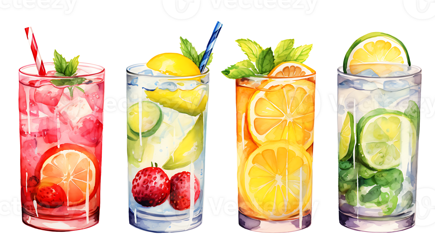 Watercolor summer drinks clipart set on transparent background ai generated png