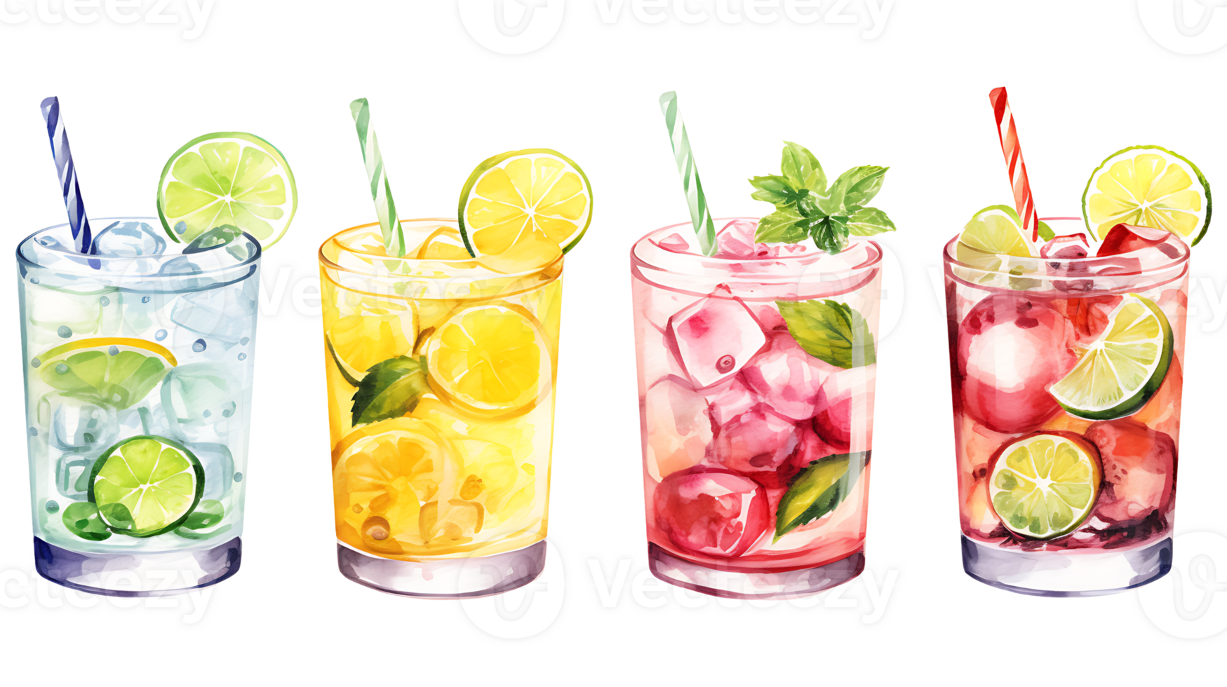 Watercolor summer drinks clipart set on transparent background ai generated png