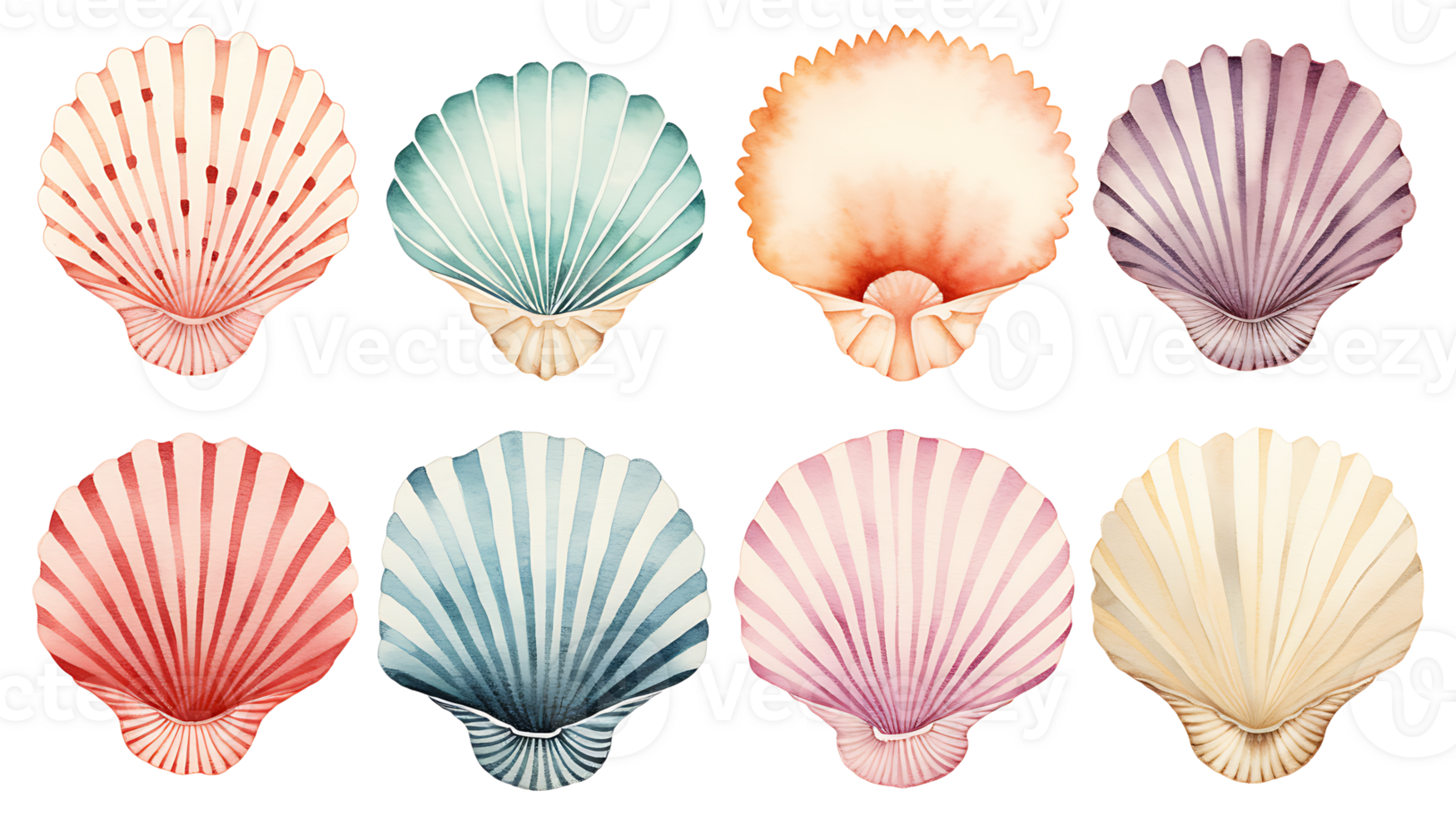 Retro vintage watercolor shells set on transparent background ai generated png
