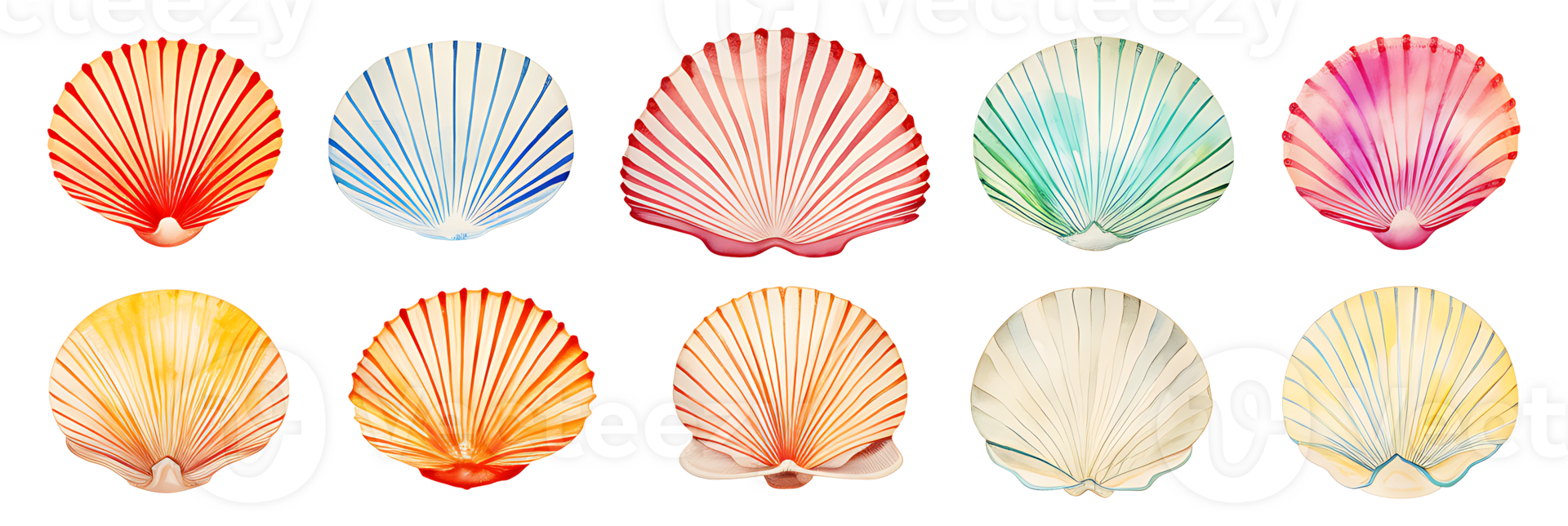 Retro vintage watercolor shells set on transparent background ai generated png