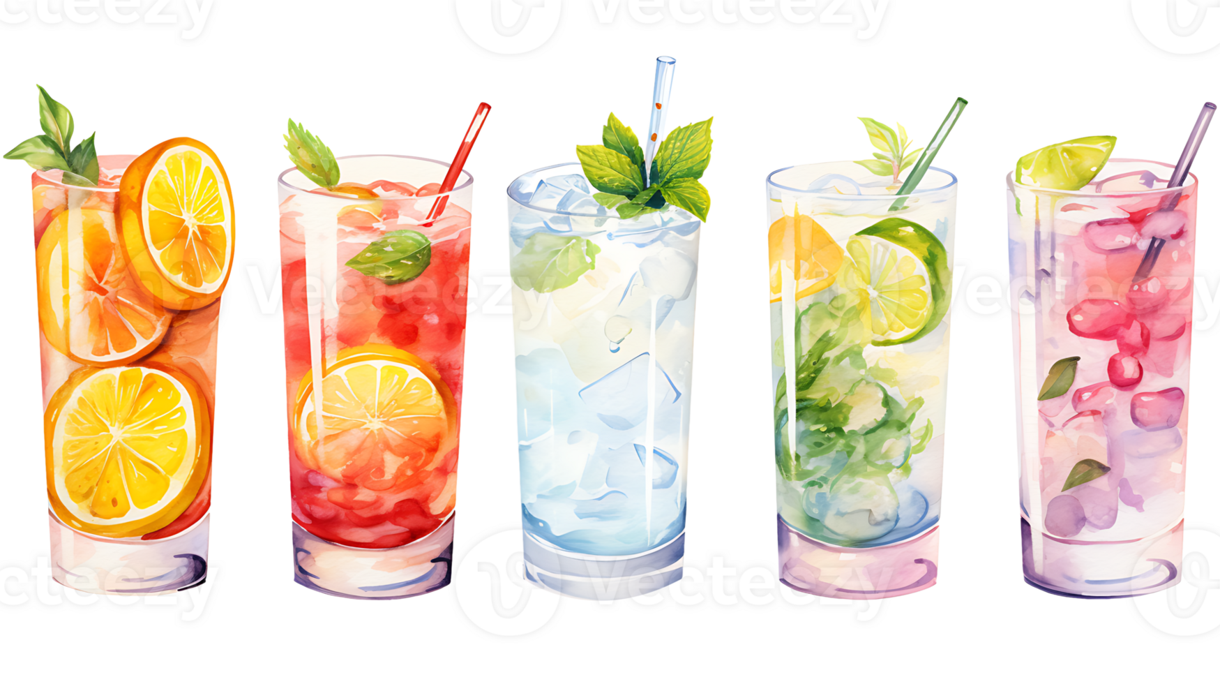 Watercolor summer drinks clipart set on transparent background ai generated png