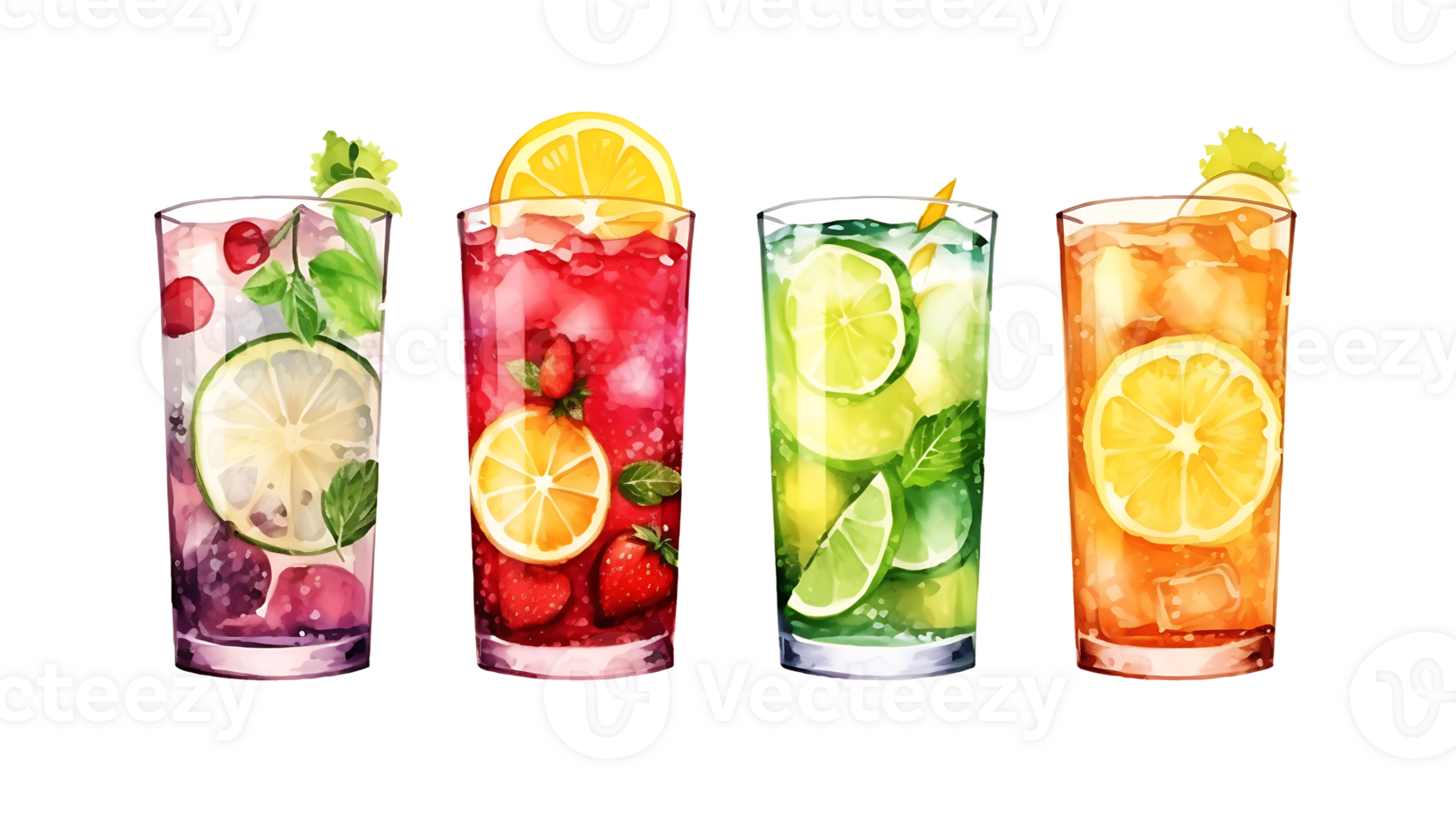 Watercolor summer drinks clipart set on transparent background ai generated png