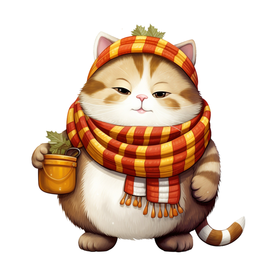 AI GENERATIVE Cute chubby cat autumn theme with scarf. watercolor illustration png