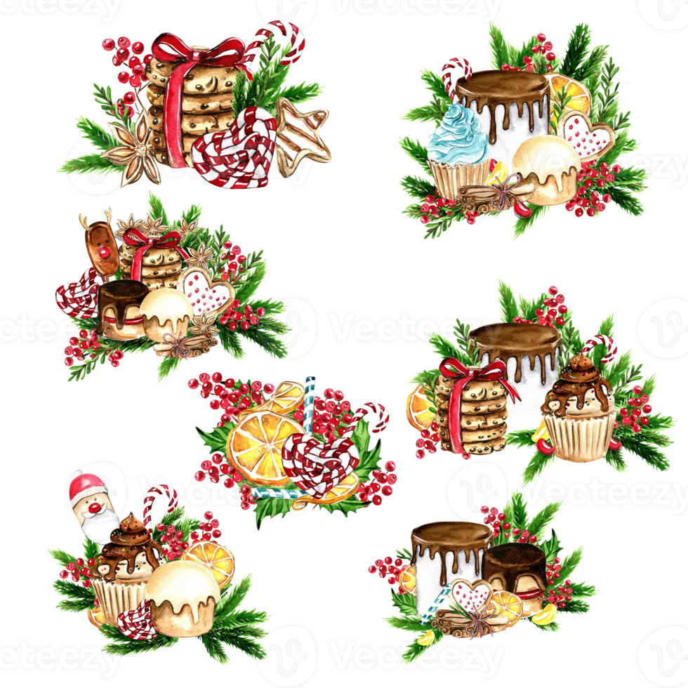 Composition for Christmas. Gifts, cupcake, cake,cookies,fir branches.Composition for Christmas. png