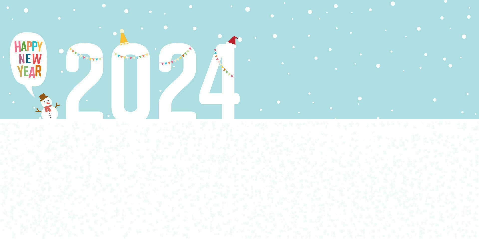 paisaje nevado con monigote de nieve decir contento nuevo año y decorado hielo cubitos 2024 plano diseño vector ilustración tener espacio en blanco.