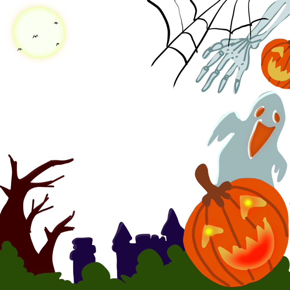 une dessin animé Halloween scène transparent Cadre avec une fantôme et citrouilles png