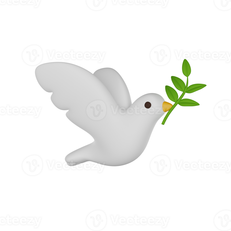 Peace dove with olive branch. A white pigeon with a branch in its beak. 3D render icon png