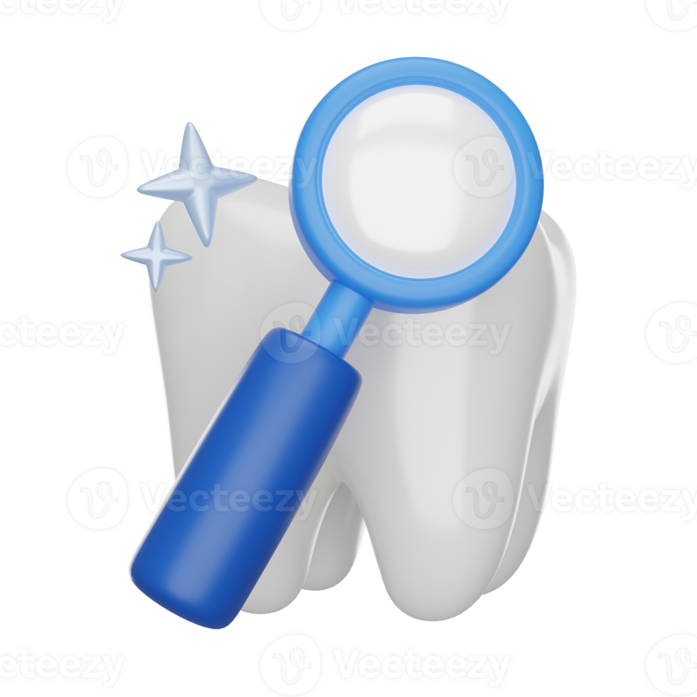 Tooth with magnifying glass 3D render icon png