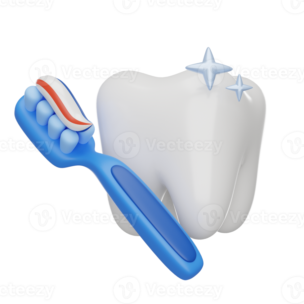 Tooth with toothbrush and toothpaste 3D render icon png