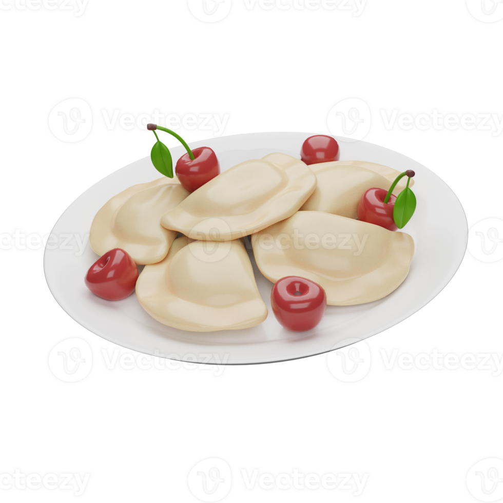 Dumplings with cherry, ukrainian traditional food. 3D render icon png