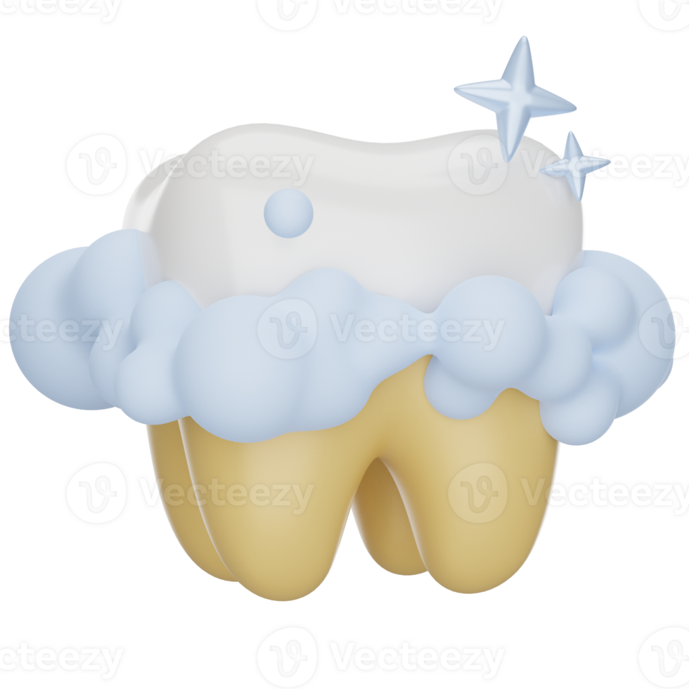Tooth whitening, brushing teeth with glowing effect, 3D render icon png