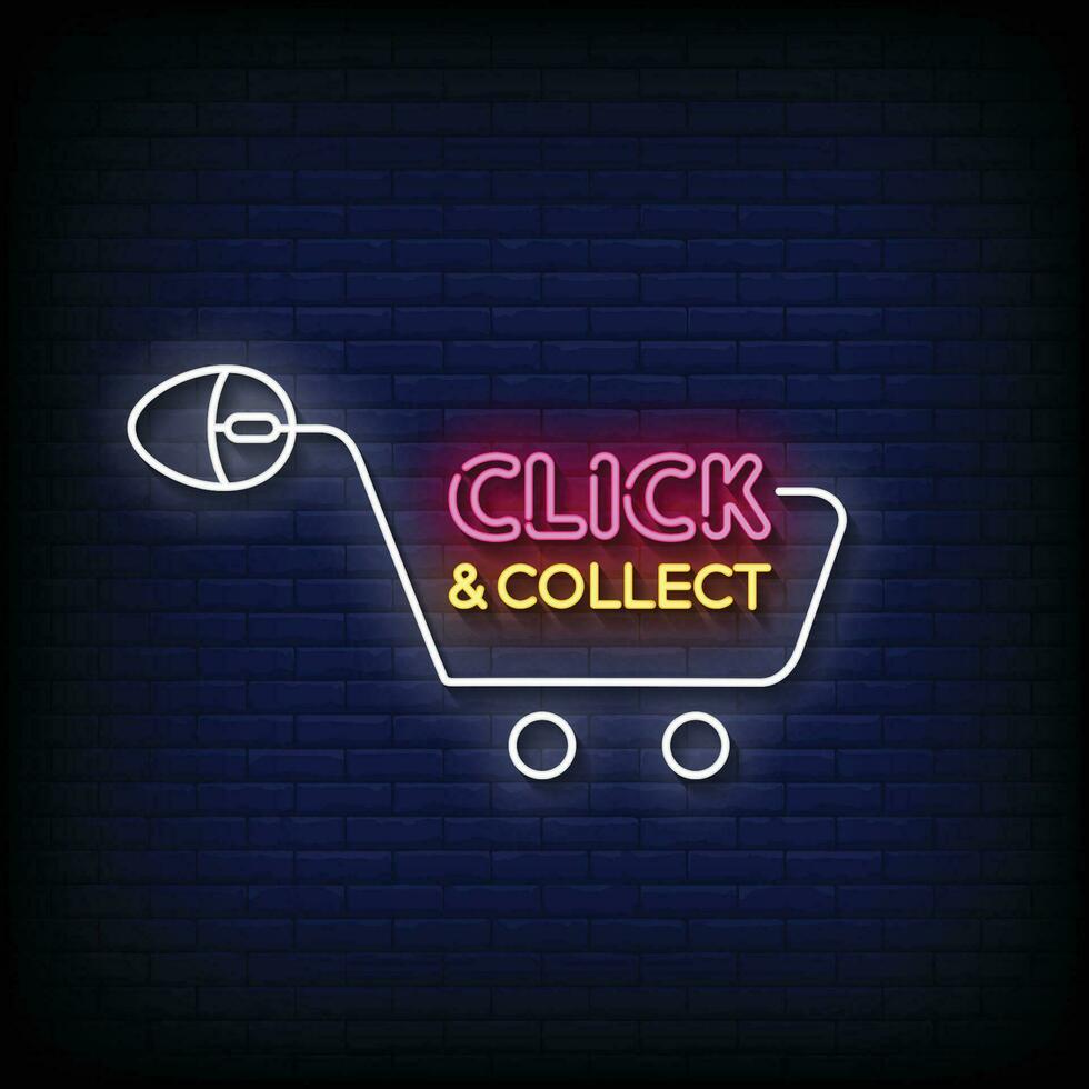 Neon Sign click and collect with brick wall background vector