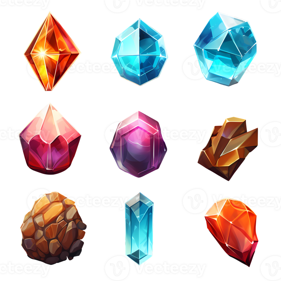 2d stylized sheet of different types of gem icon png