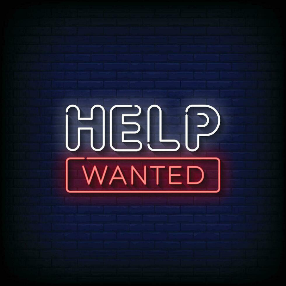 Neon Sign help wanted with brick wall background vector