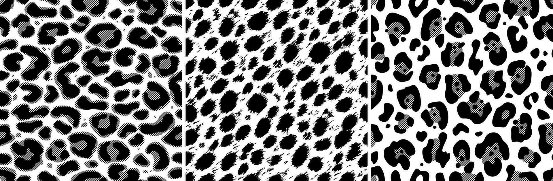 Animal seamless patterns set. Jaguar, leopard, cheetah skin texture in black and white colors. Stylized design for the Internet and print. For textiles, paper, wallpaper. Illustrated vector clipart.