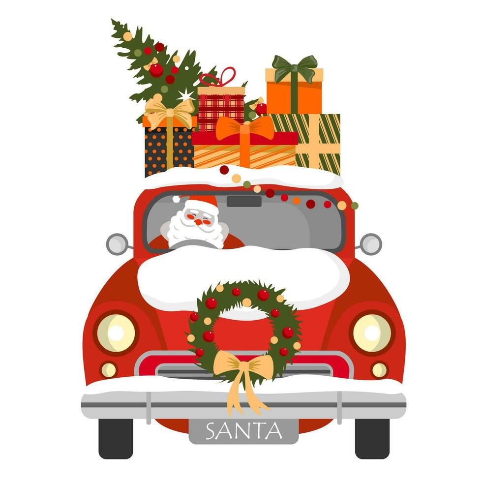 Santa delivers presents in a red retro car. Red Santa car with presents in front. vector